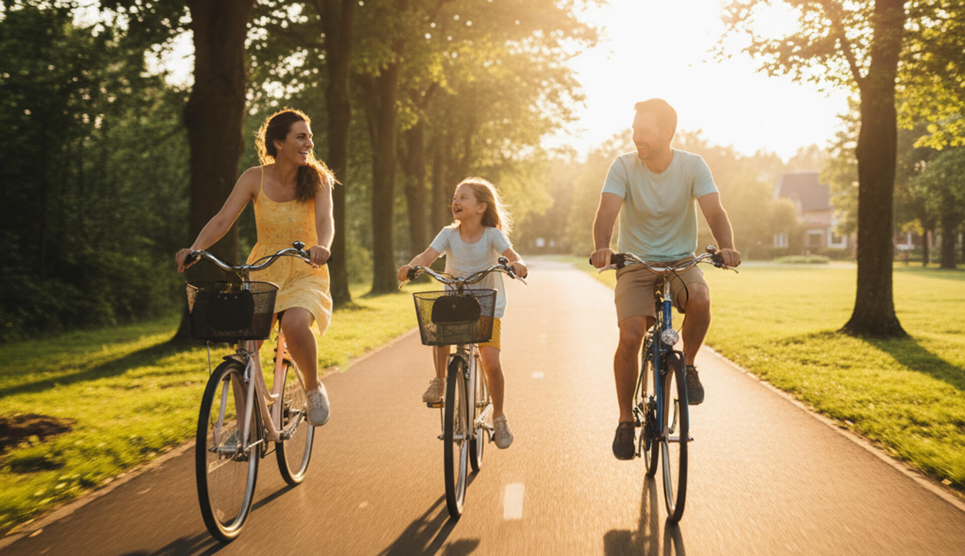 Family cycling together in a park during sunset, enjoying a leisurely ride on bicycles, highlighting a family-friendly atmosphere.