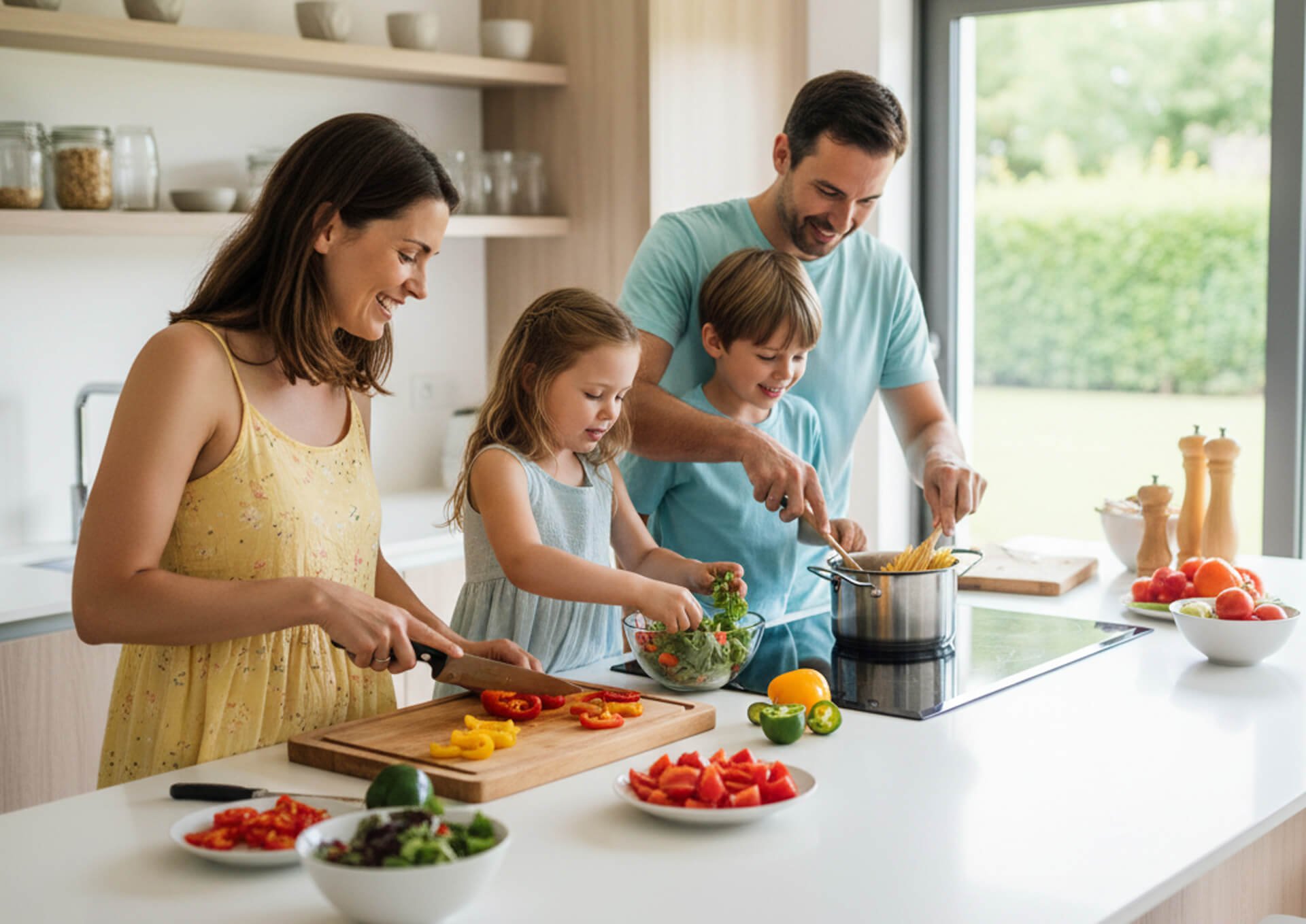 Family cooking together in a modern kitchen, preparing fresh vegetables and pasta, emphasizing healthy meals and family bonding.