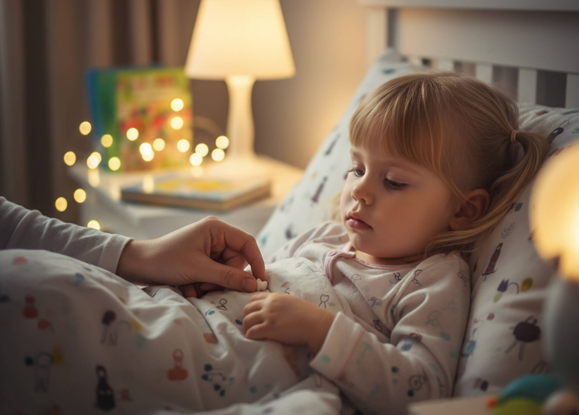 Child in pajamas receiving gentle care from a parent in a cozy bedroom with soft lighting, emphasizing a nurturing environment for healthy sleep habits.