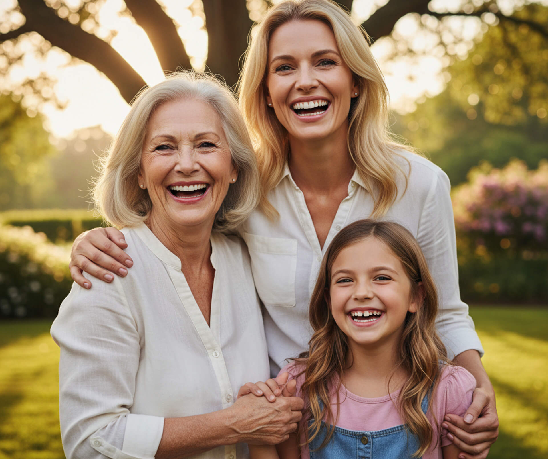 Smiling three-generation family portrait outdoors, emphasizing joyful connections and healthy smiles, reflecting the importance of gum health and personalized care in periodontal treatment at M.Y. Family Dentistry.