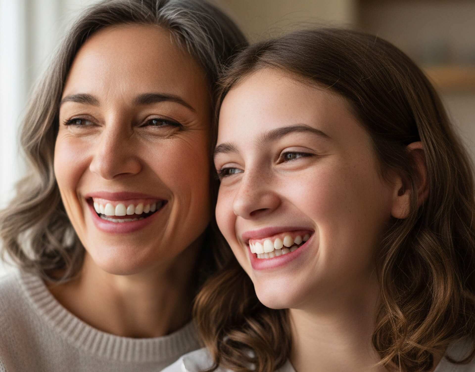 Smiling woman and girl showcasing healthy teeth, representing family dental care and the importance of gum health at M.Y. Family Dentistry.