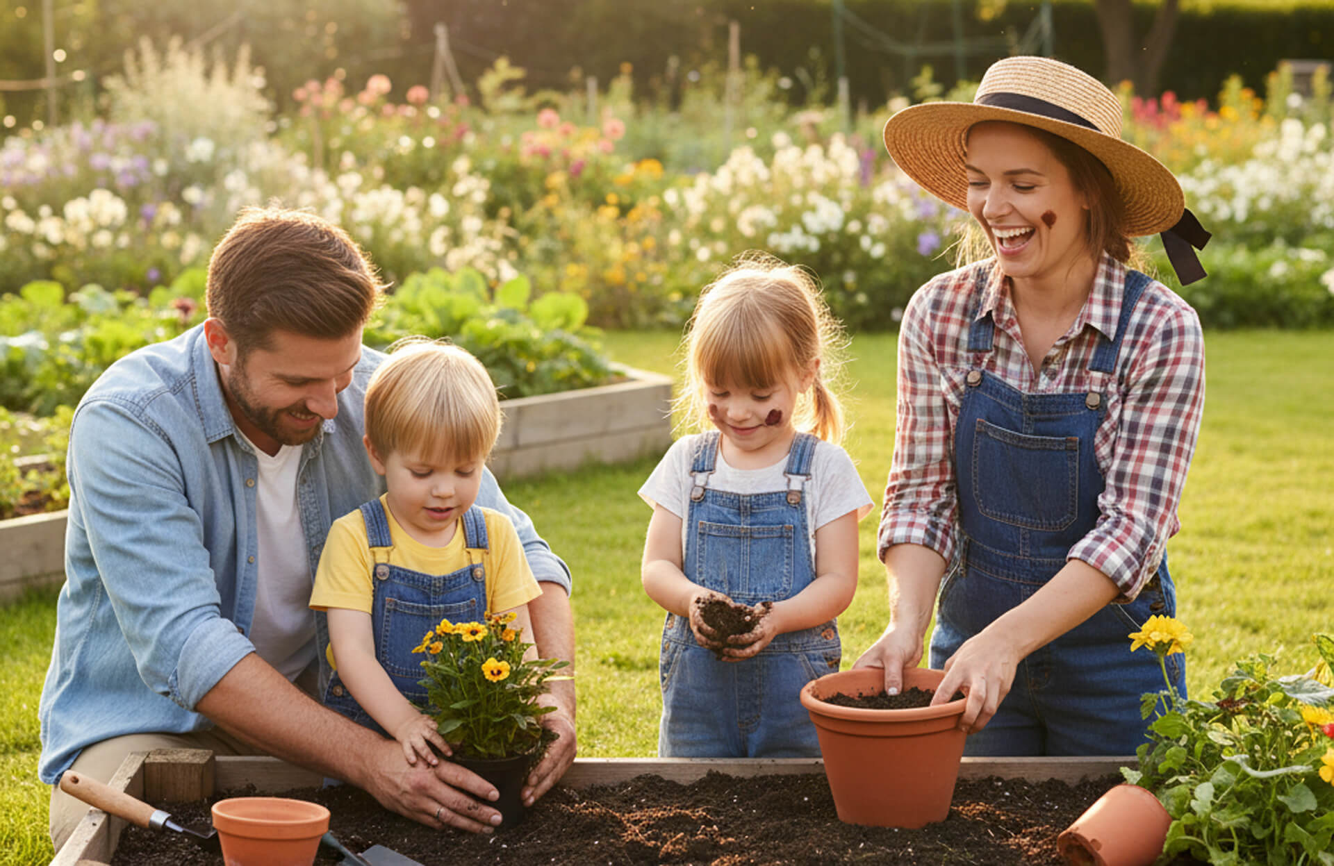 Family gardening activity with two children planting flowers, surrounded by a vibrant garden in a sunny setting, emphasizing hands-on learning and outdoor fun.