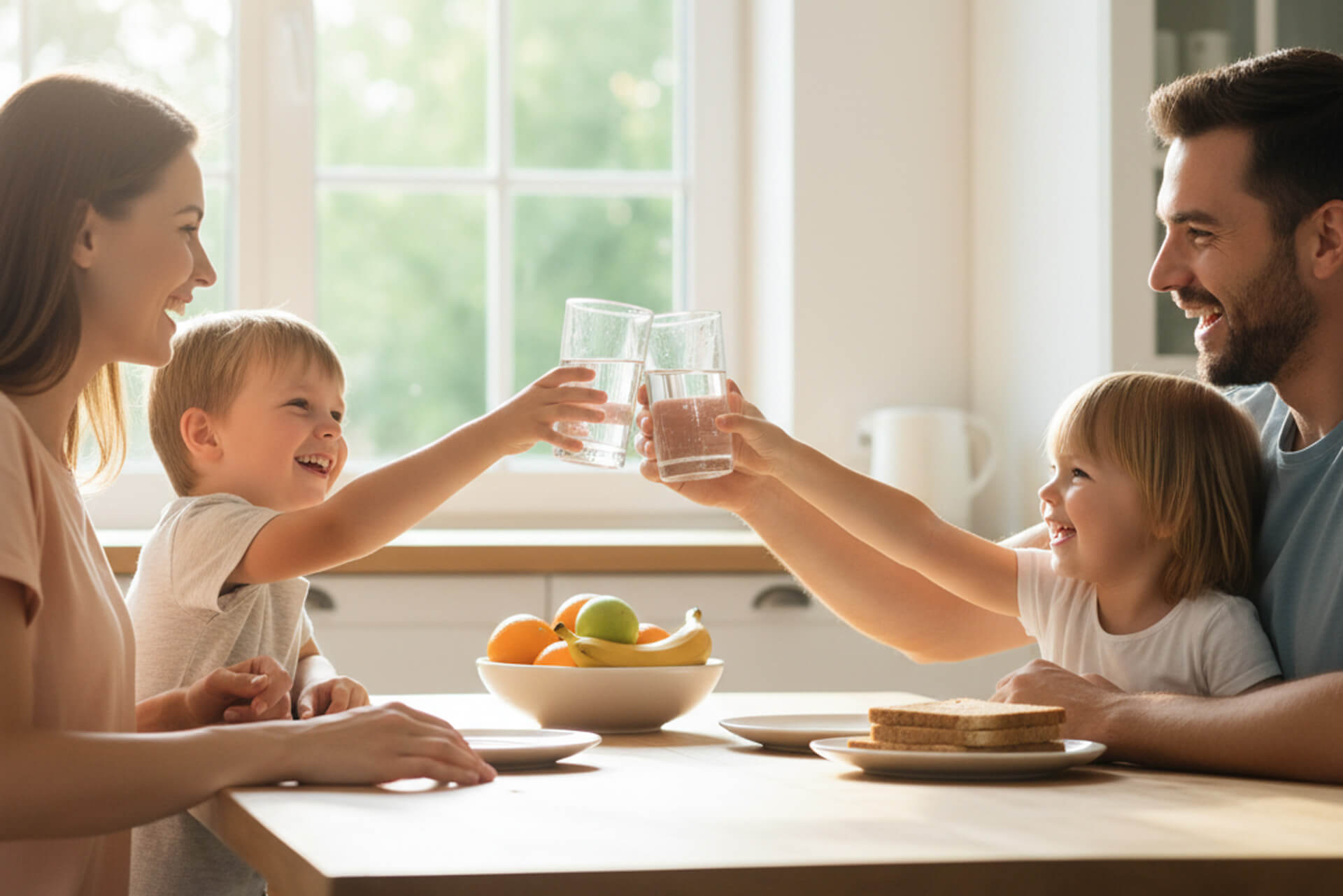 Family enjoying a healthy breakfast, toasting with glasses of water, promoting wellness and strong oral habits at M.Y. Family Dentistry.