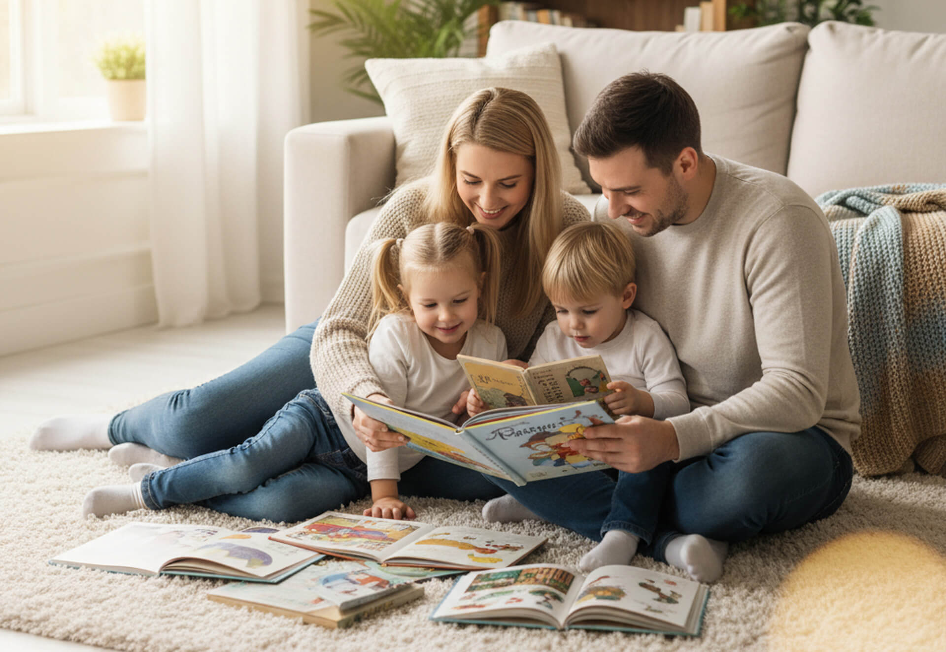 Family reading together on a cozy rug, promoting bonding and early education, reflecting the importance of family health and habits in the Preventative Program at M.Y. Family Dentistry.