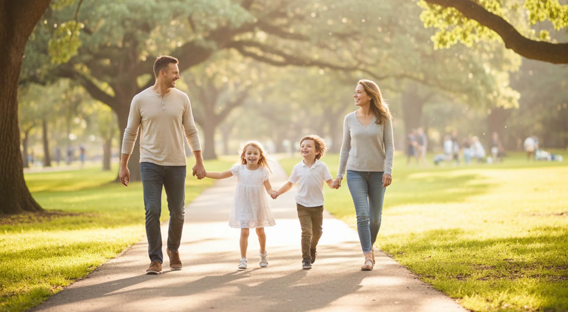 Family walking together in a park, enjoying quality time, with two children holding hands with their parents, surrounded by greenery and sunlight.