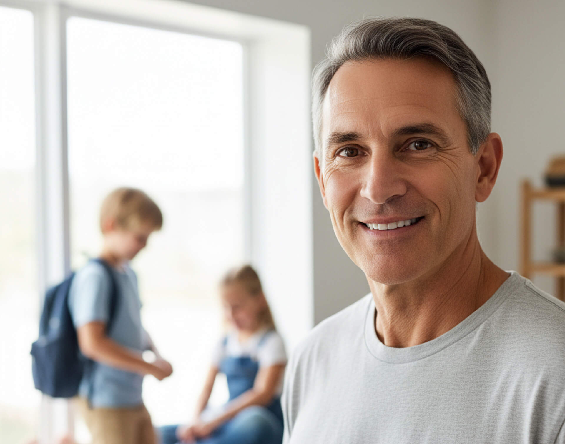 Smiling man in casual attire, representing comfort and care, with children in the background, emphasizing family-friendly dental services at MY Family Dental in West Chester, PA.