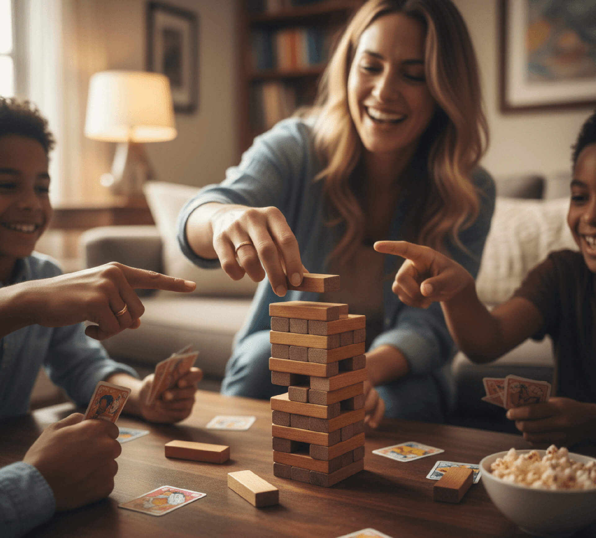 Family playing Jenga game with laughter and excitement, surrounded by playing cards and a bowl of popcorn in a cozy living room setting.