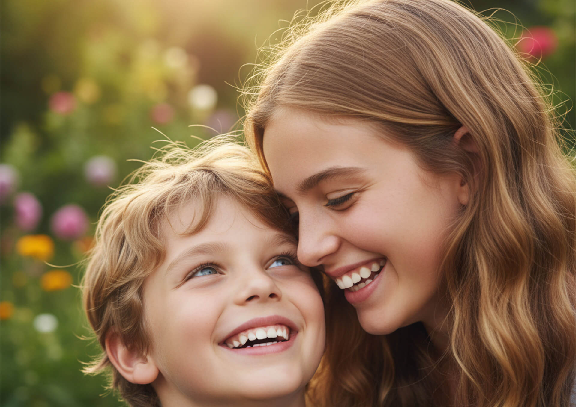 Smiling girl and boy enjoying time together in a garden, highlighting healthy teeth and joyful expressions, relevant to dental care and the Smile Saver Plan.