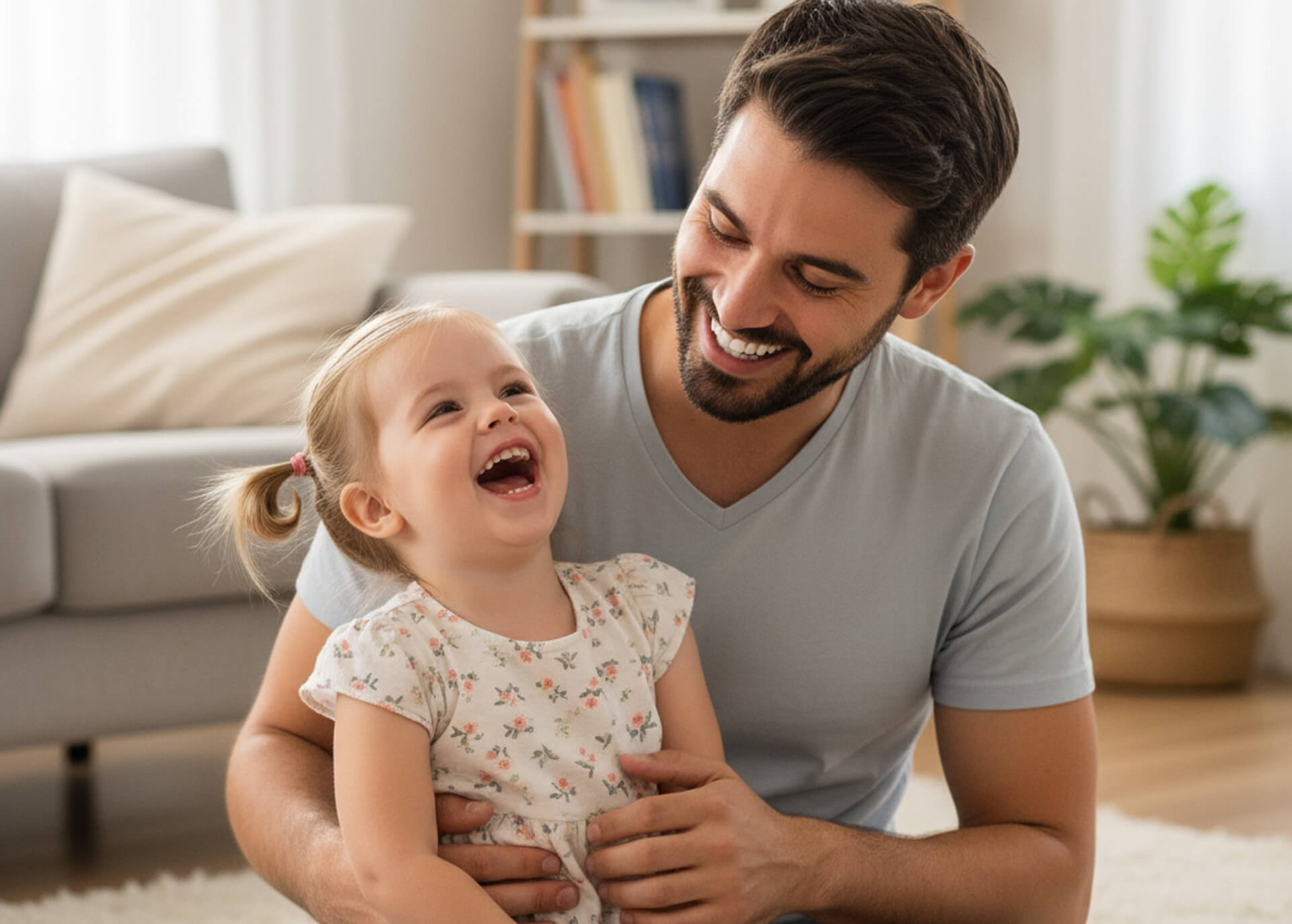 Smiling father and daughter sharing a joyful moment at home, highlighting the importance of family and happiness.
