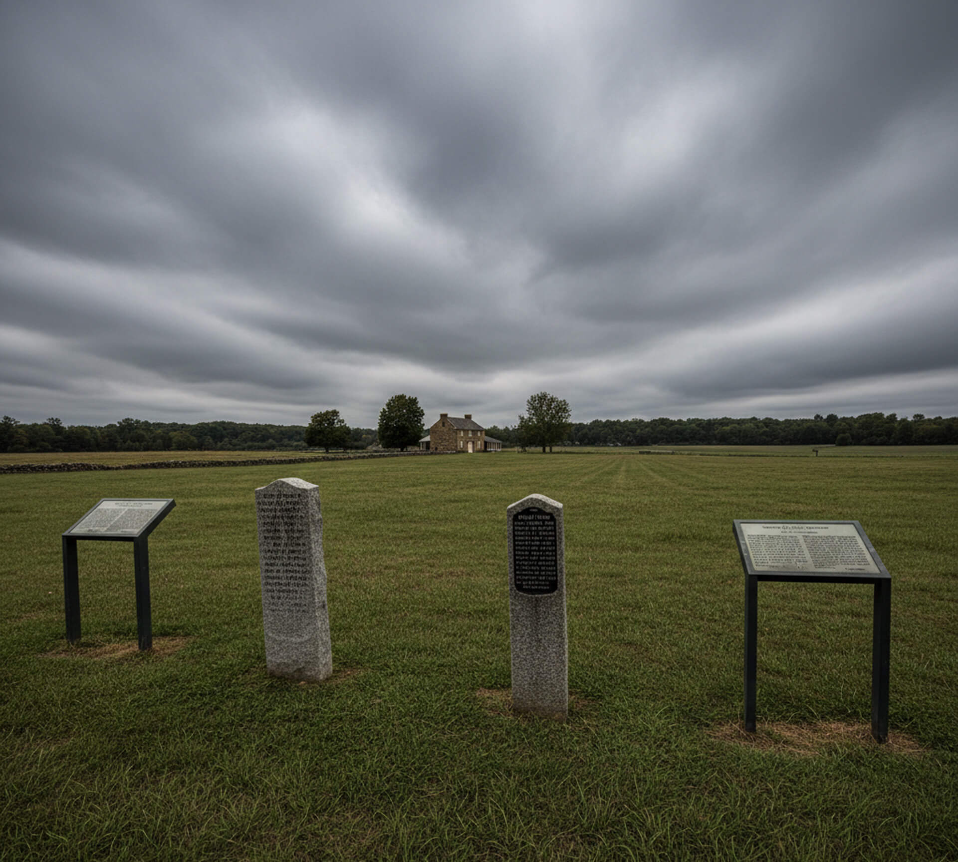 Historic markers and informational plaques in a grassy field with a stone house in the background under a cloudy sky, representing the significance of local history and community heritage.