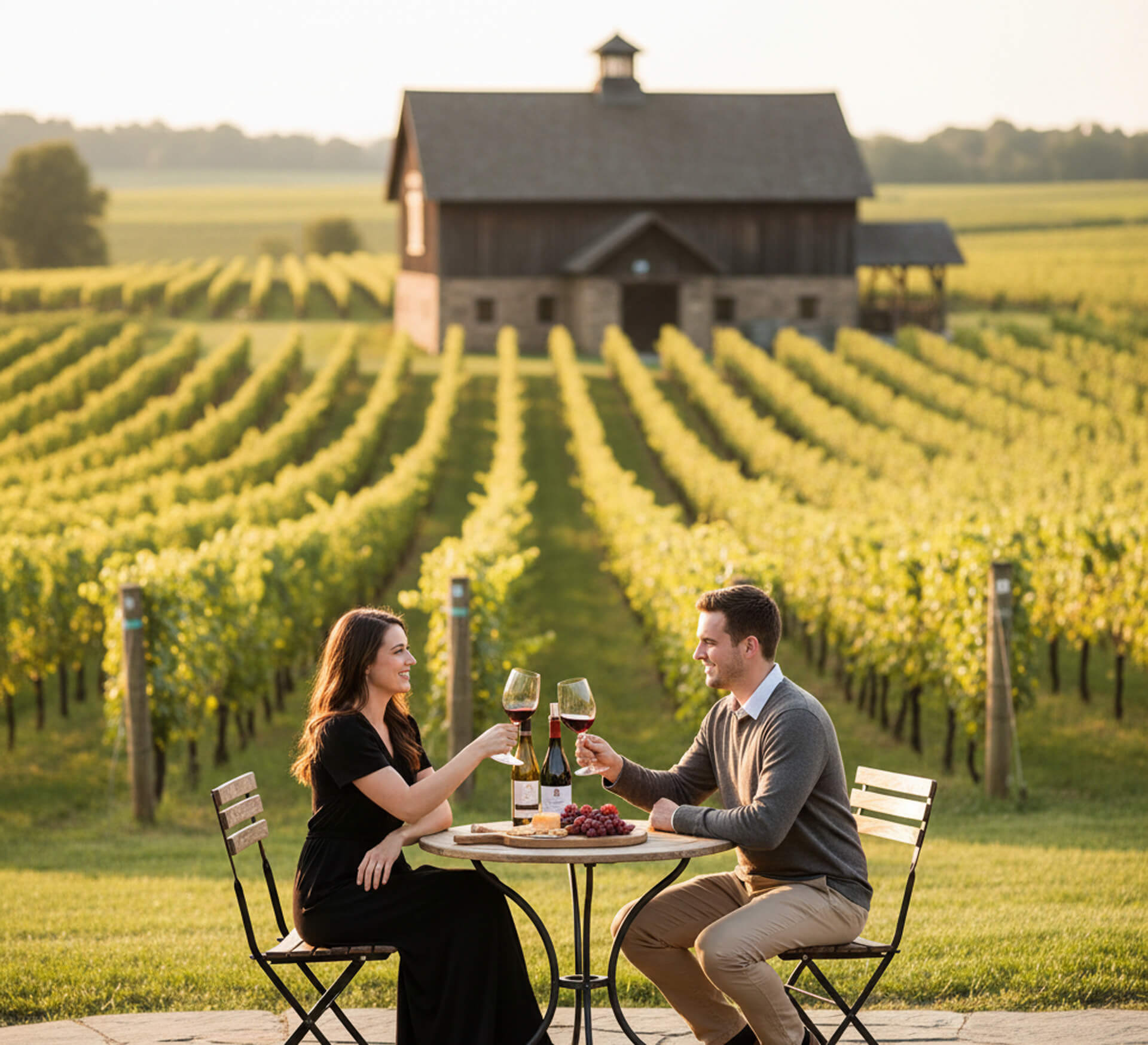 Couple toasting with wine glasses at a vineyard table, surrounded by lush grapevines and a rustic barn in the background, capturing a romantic outdoor dining experience.