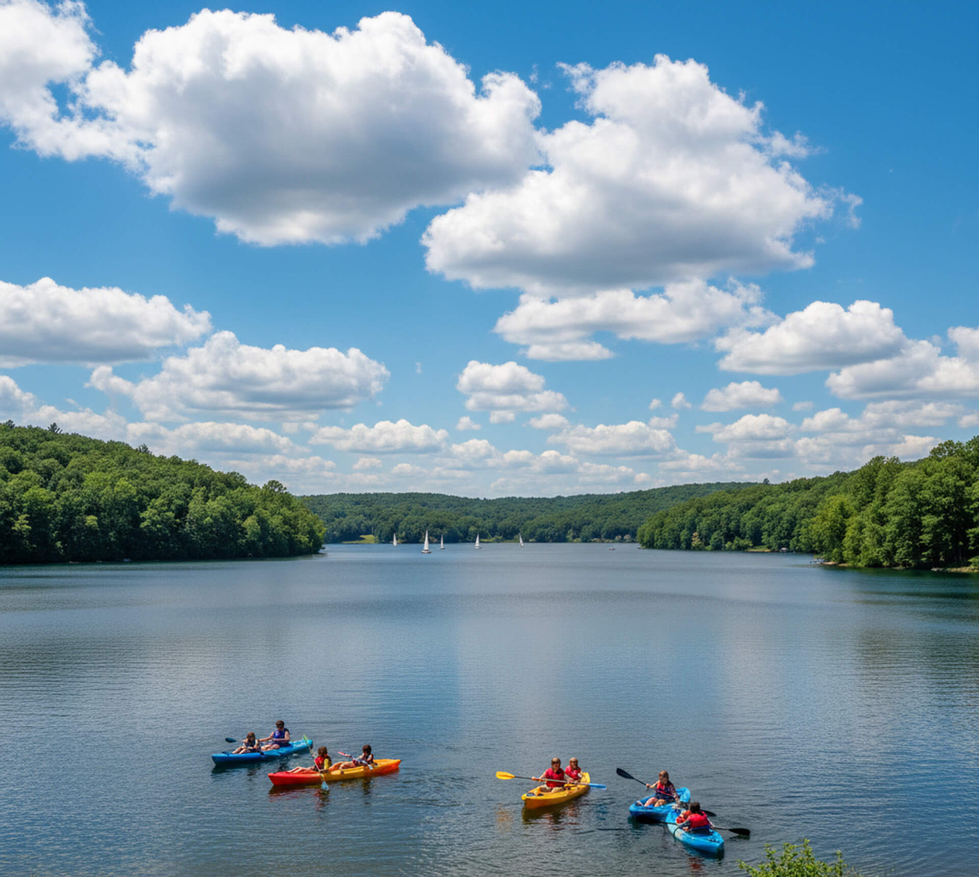 Group of kayakers enjoying a sunny day on a calm lake surrounded by lush greenery and fluffy clouds in Downingtown, PA.