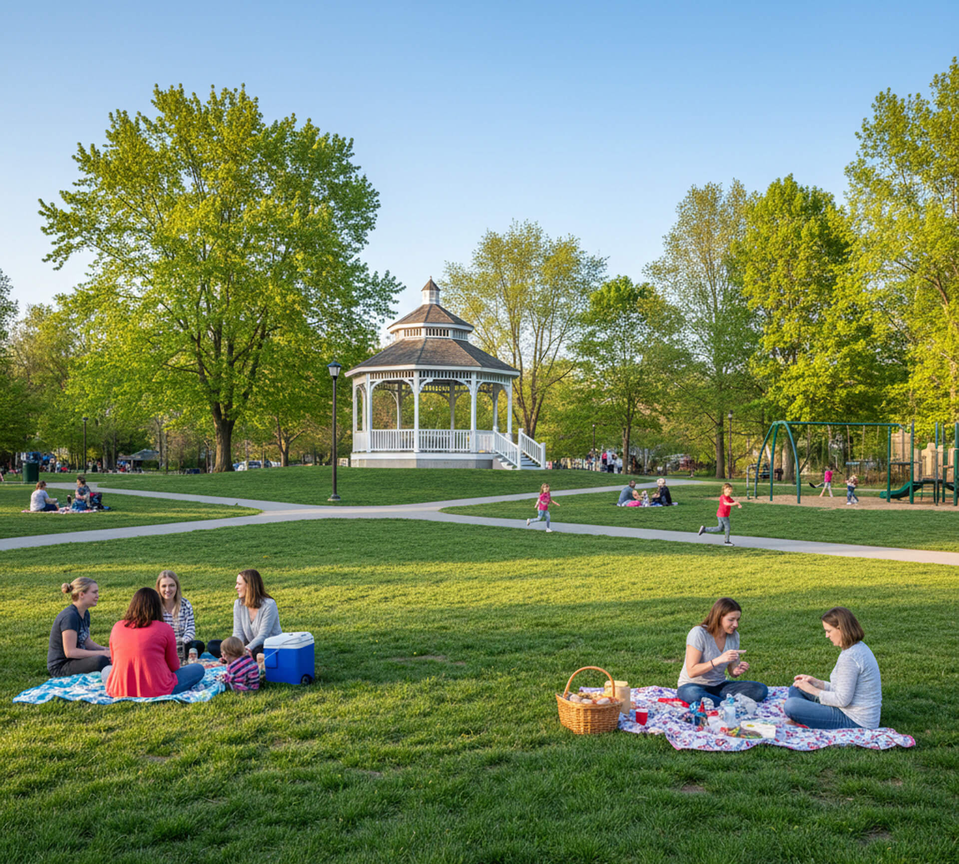Group of people enjoying a picnic on grass near a gazebo in a park, with children playing in the background, illustrating a family-friendly environment in Downingtown, PA.