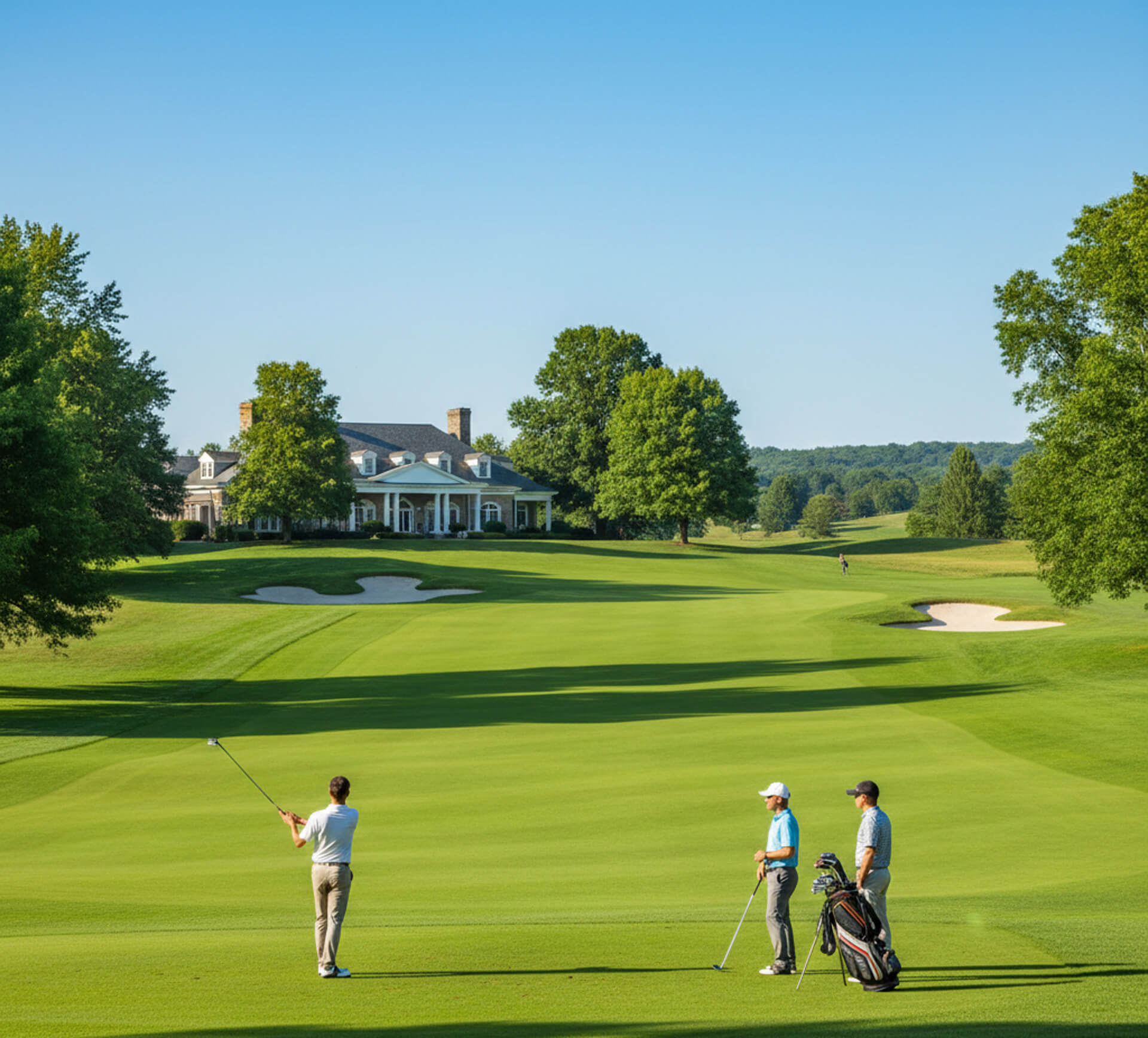 Golfers on a lush green course with a clubhouse in the background, showcasing a serene landscape ideal for family-friendly activities.