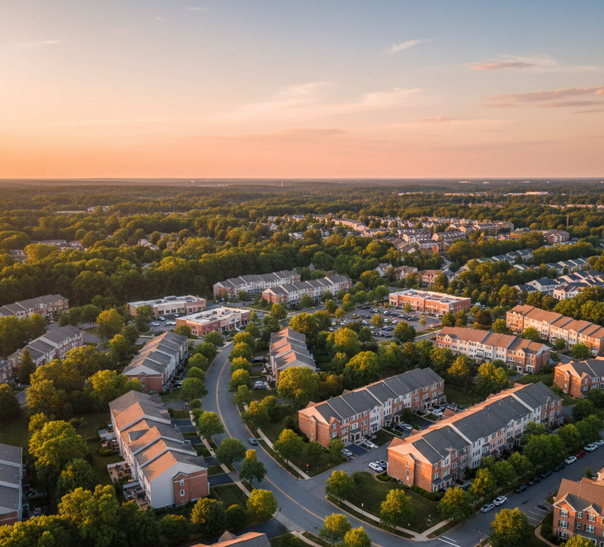 Aerial view of Frazer, PA, showcasing residential neighborhoods, tree-lined streets, and community amenities, reflecting a family-friendly environment and proximity to M.Y. Family Dentistry for quality dental care.