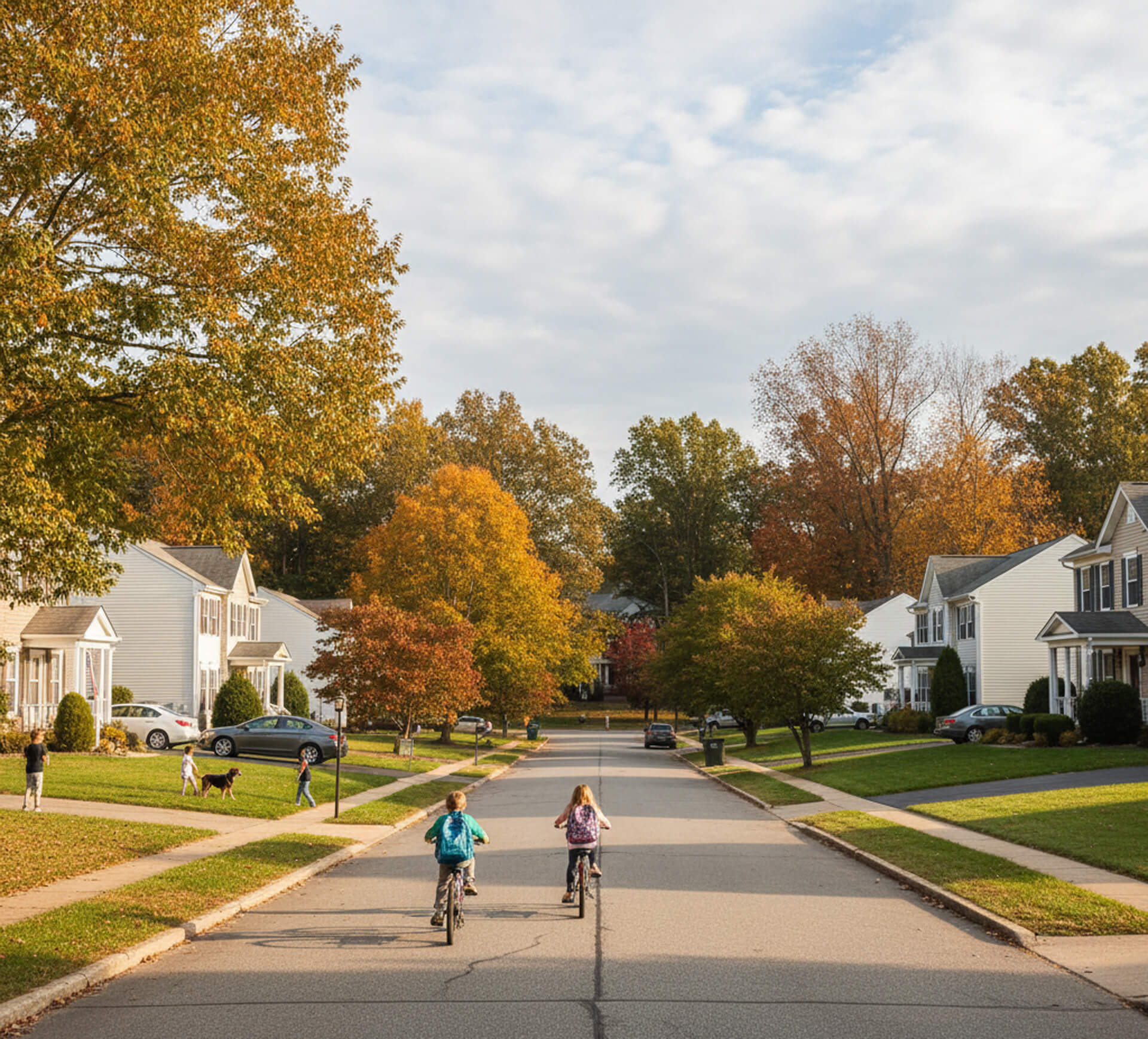 Children riding bicycles on a residential street in Frazer, PA, surrounded by autumn foliage and family-friendly homes, reflecting the community atmosphere emphasized by M.Y. Family Dentistry.