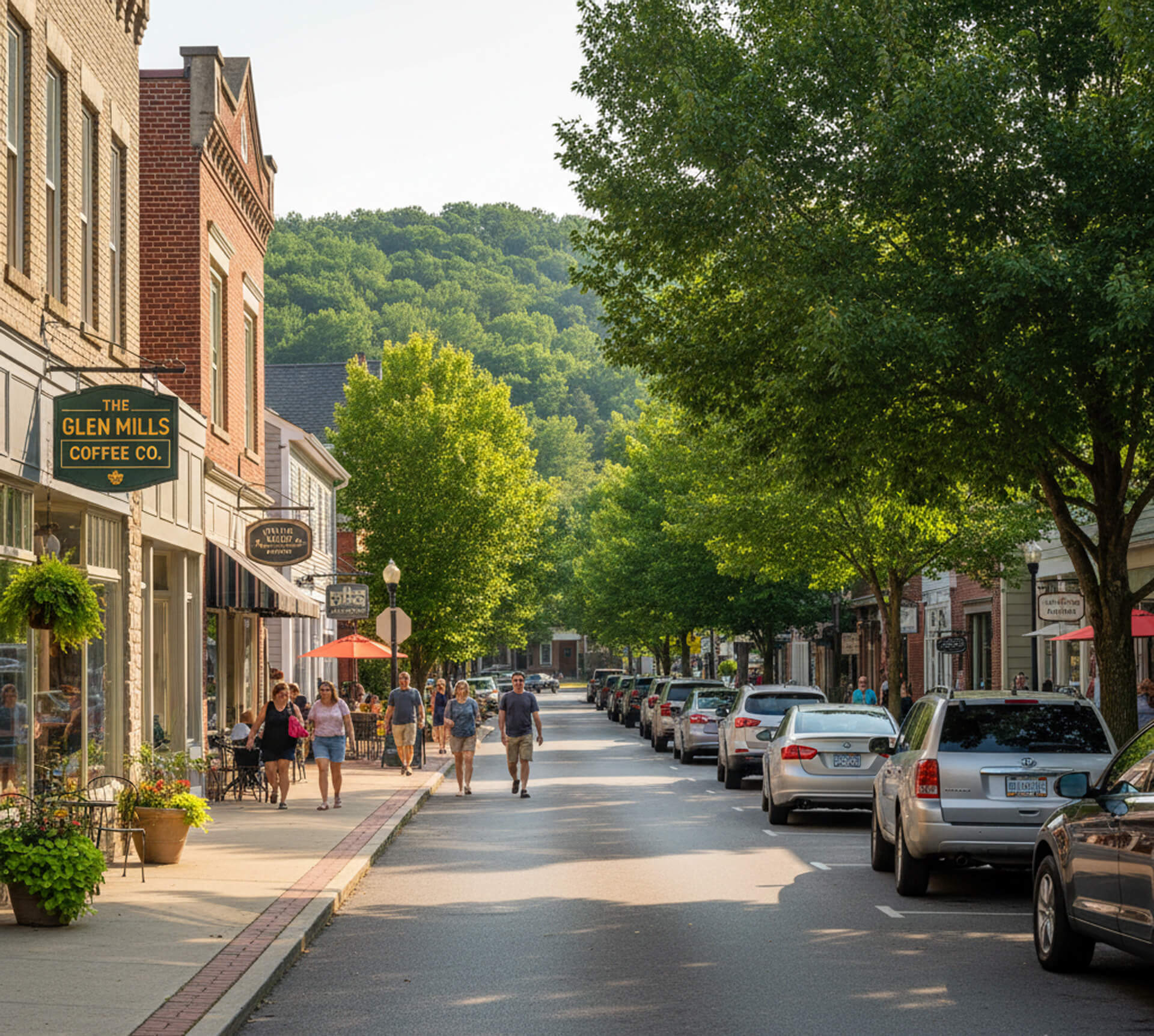 Glen Mills, PA street scene featuring local shops, pedestrians enjoying the area, and lush trees lining the road, reflecting a family-friendly community atmosphere.
