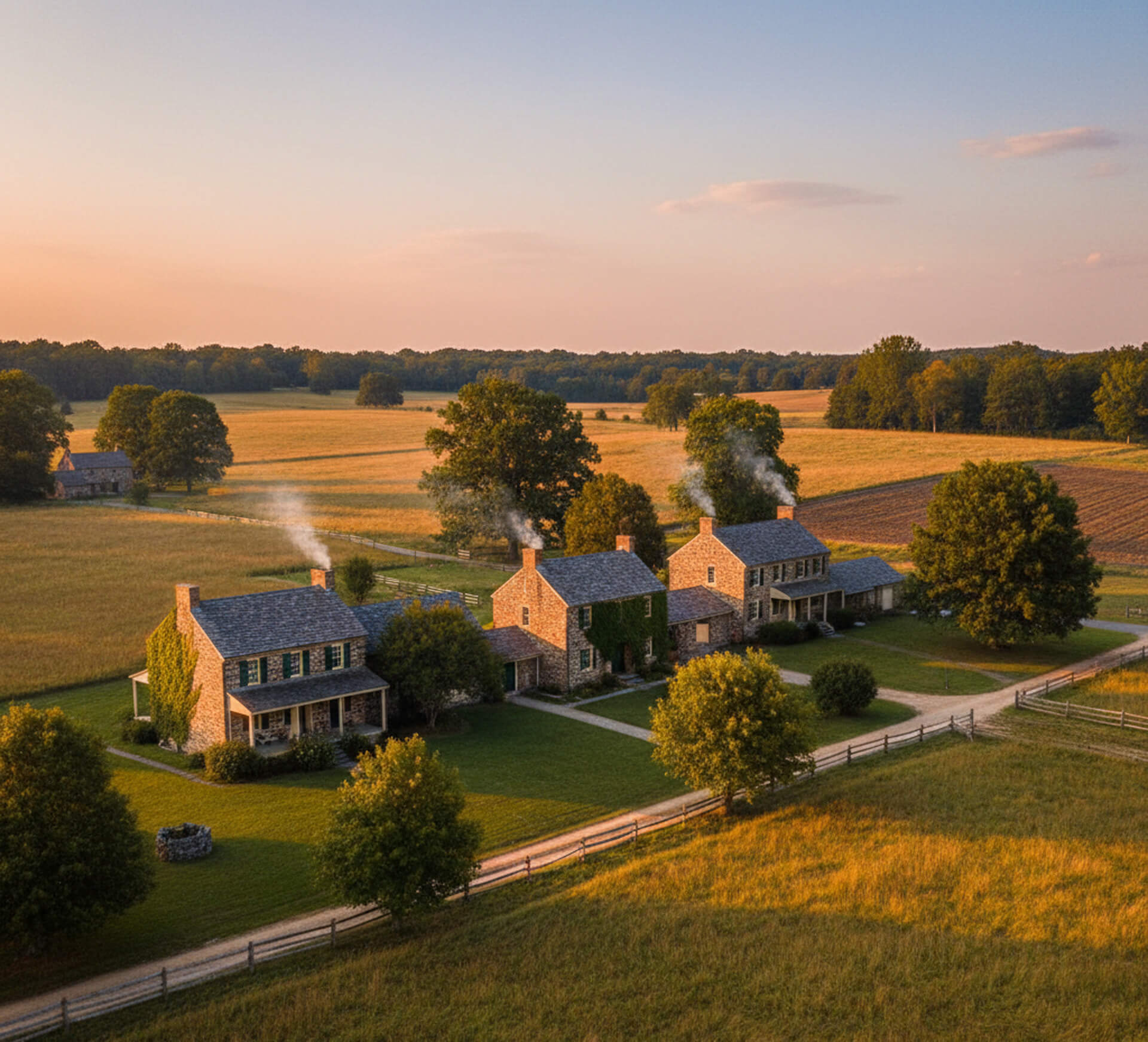Historic stone houses in Glen Mills, PA, surrounded by lush fields and trees, with smoke rising from chimneys, evoking a warm, welcoming atmosphere.