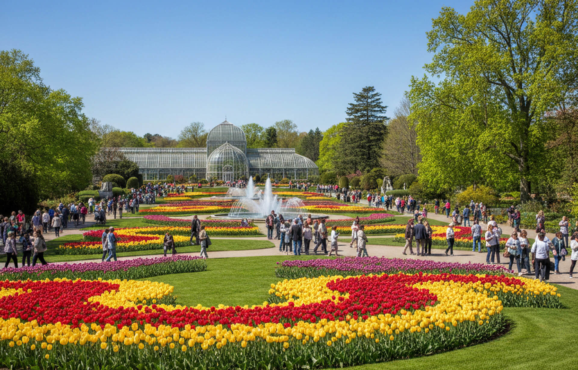 Colorful tulip garden with visitors walking along pathways, surrounded by lush greenery and a glass conservatory in the background, highlighting a vibrant spring scene in Kennett Square, PA.