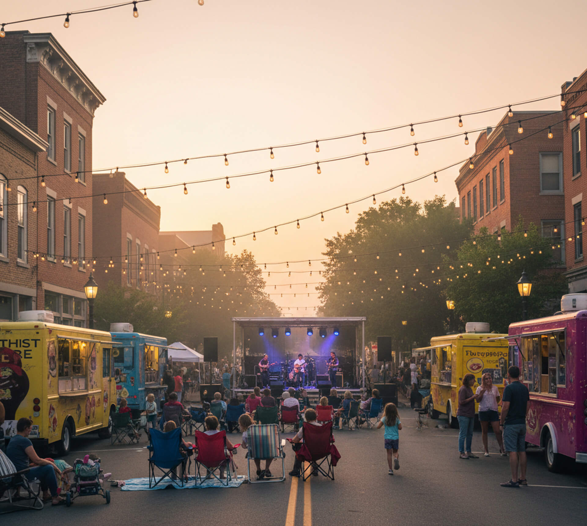 Street scene in Kennett Square, PA, featuring a live band performing on stage, food trucks, and a crowd enjoying a community event under string lights at sunset.