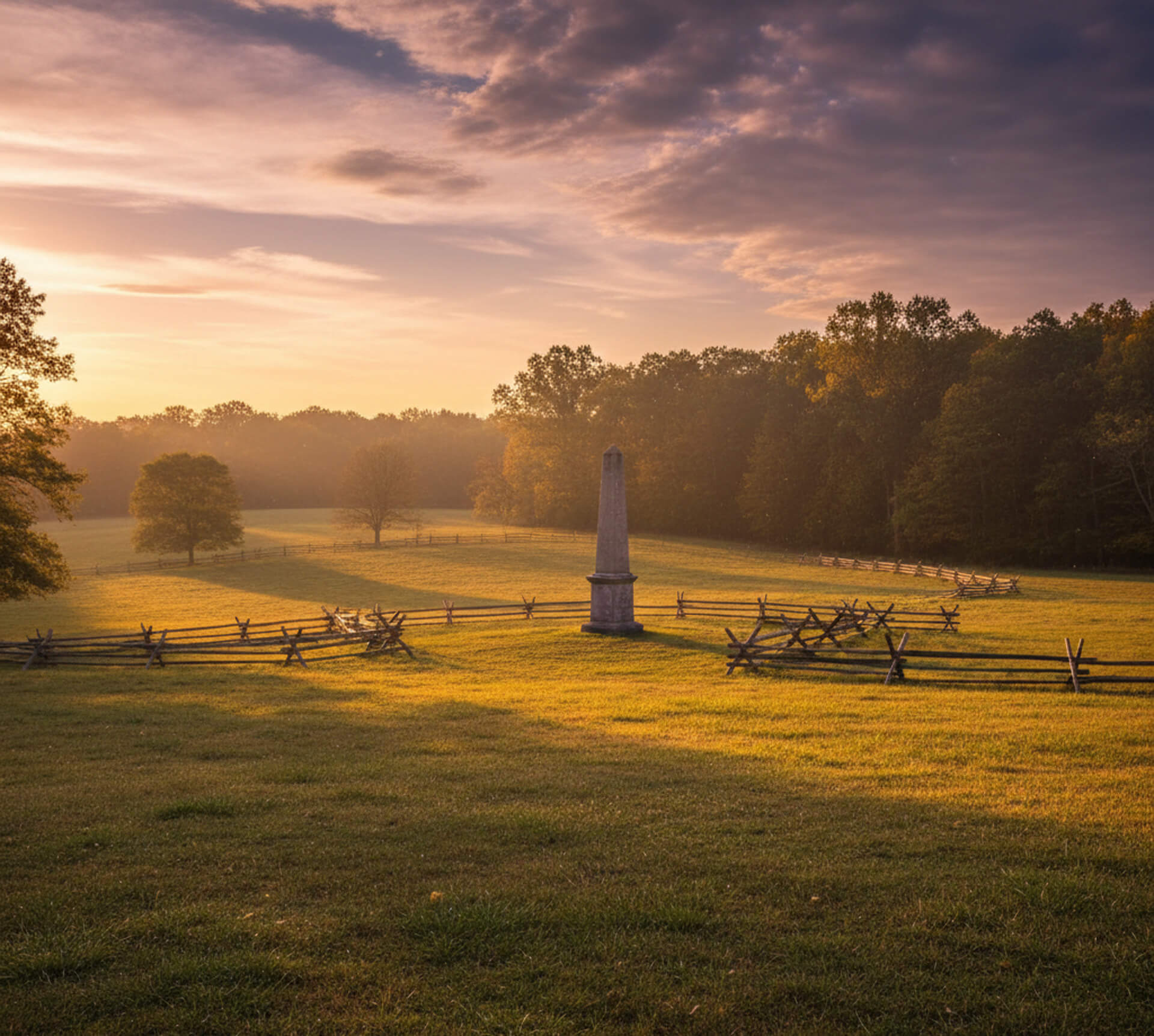 Sunrise over a peaceful landscape featuring a stone monument surrounded by wooden fencing and trees in Malvern, PA, symbolizing tranquility and nature.
