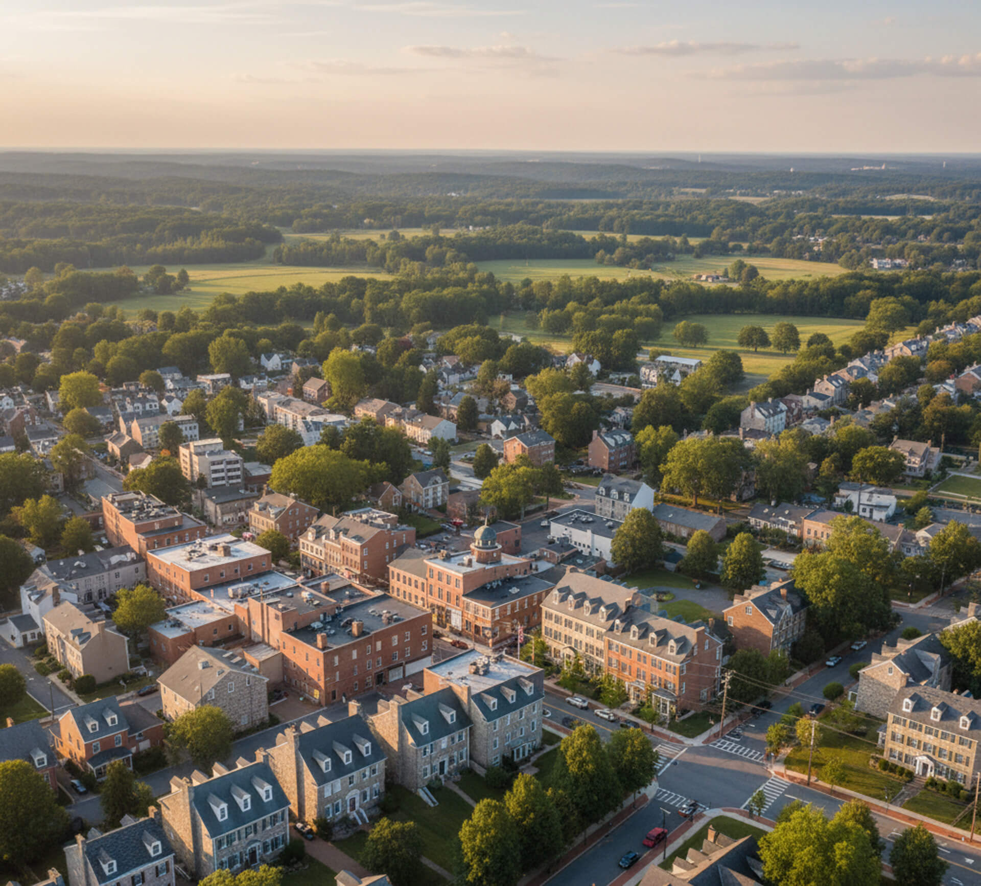 Aerial view of Malvern, PA, showcasing residential neighborhoods, green spaces, and local businesses, emphasizing community and family-centered living.