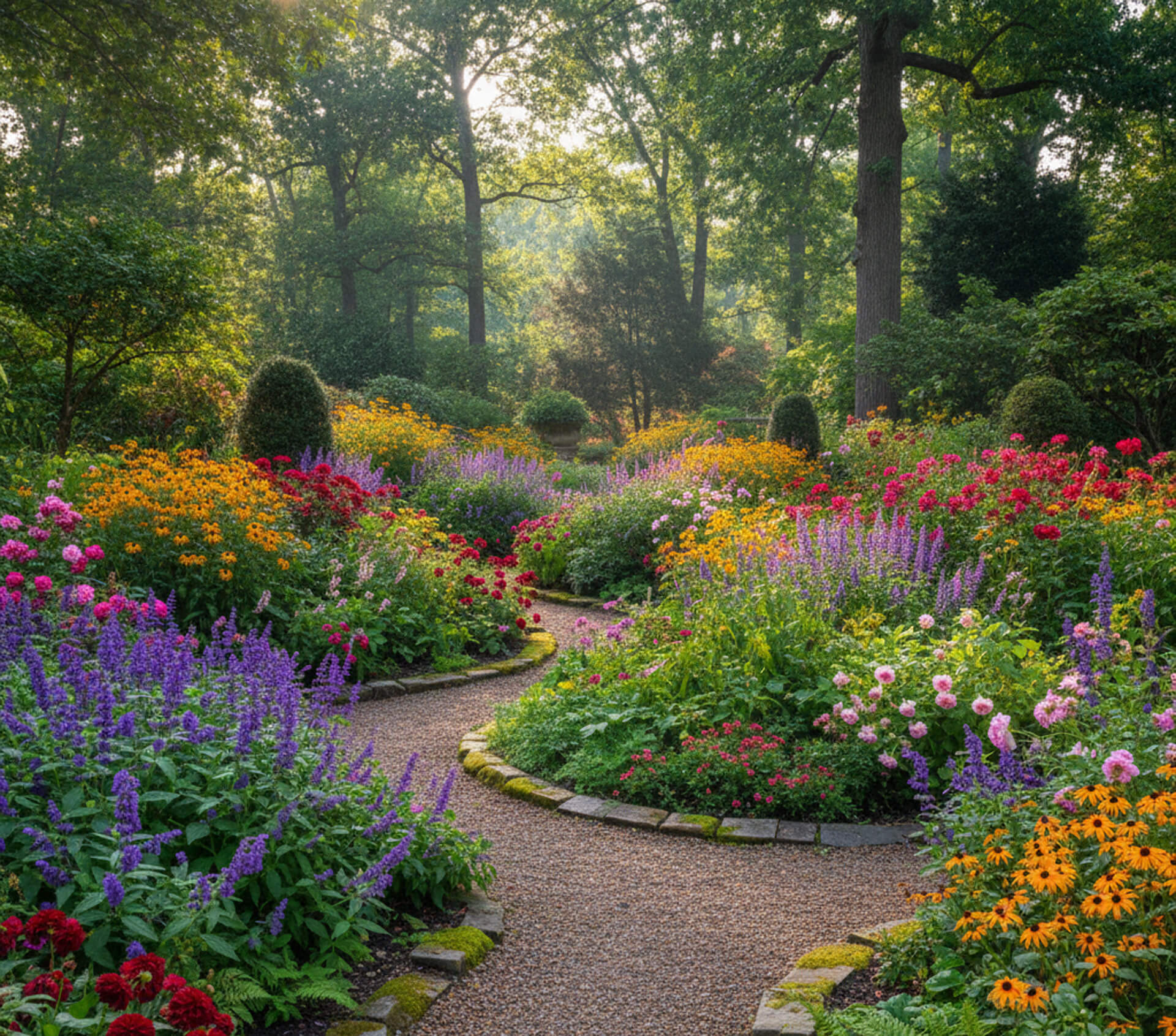 Lush garden pathway surrounded by vibrant flowers, including purple, pink, orange, and red blooms, set in a serene wooded area, reflecting a peaceful outdoor environment for family-friendly activities.