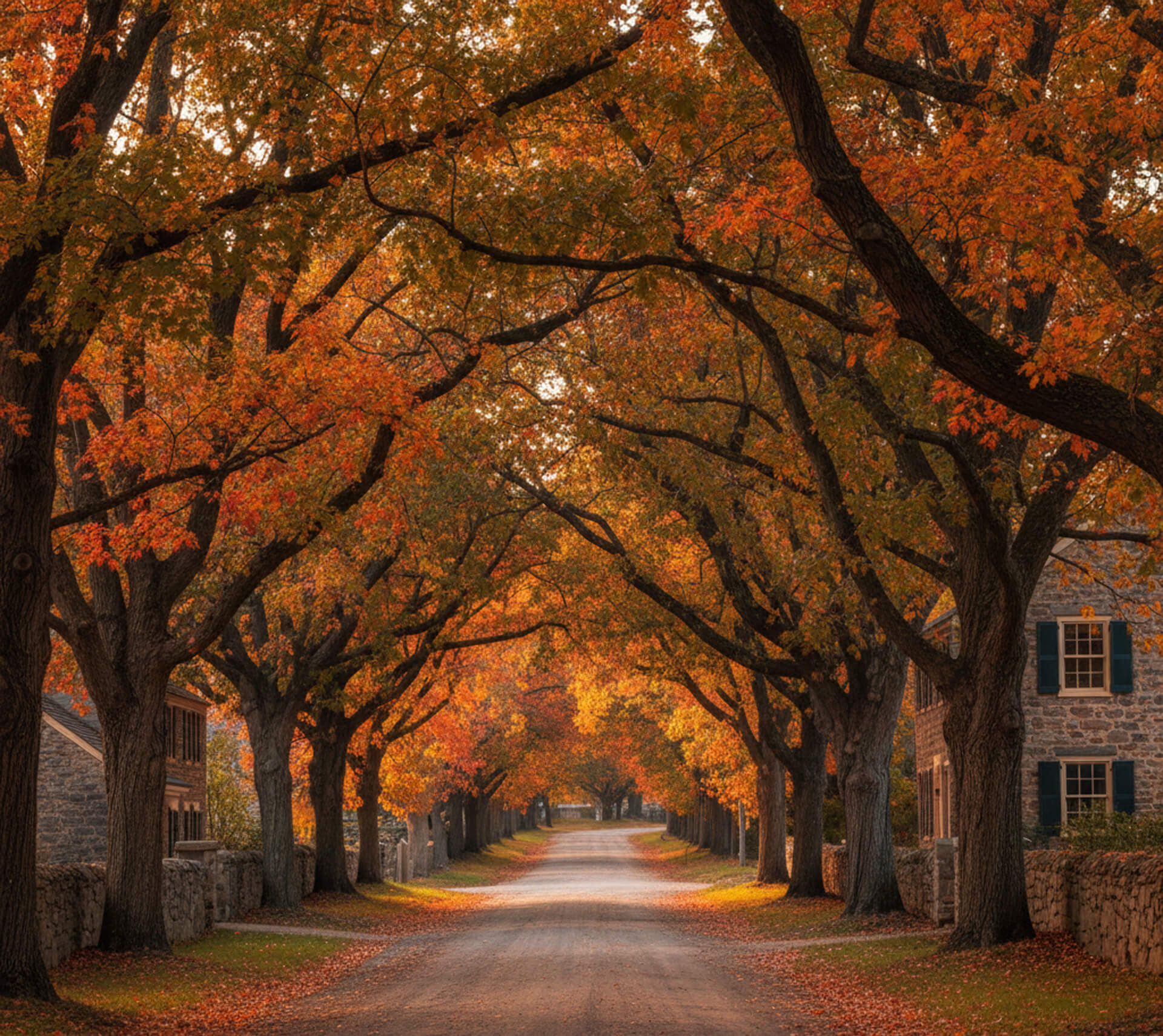 Autumn scene in Marshalton, PA, featuring a tree-lined street with vibrant orange and yellow leaves, showcasing a peaceful, family-friendly neighborhood atmosphere.