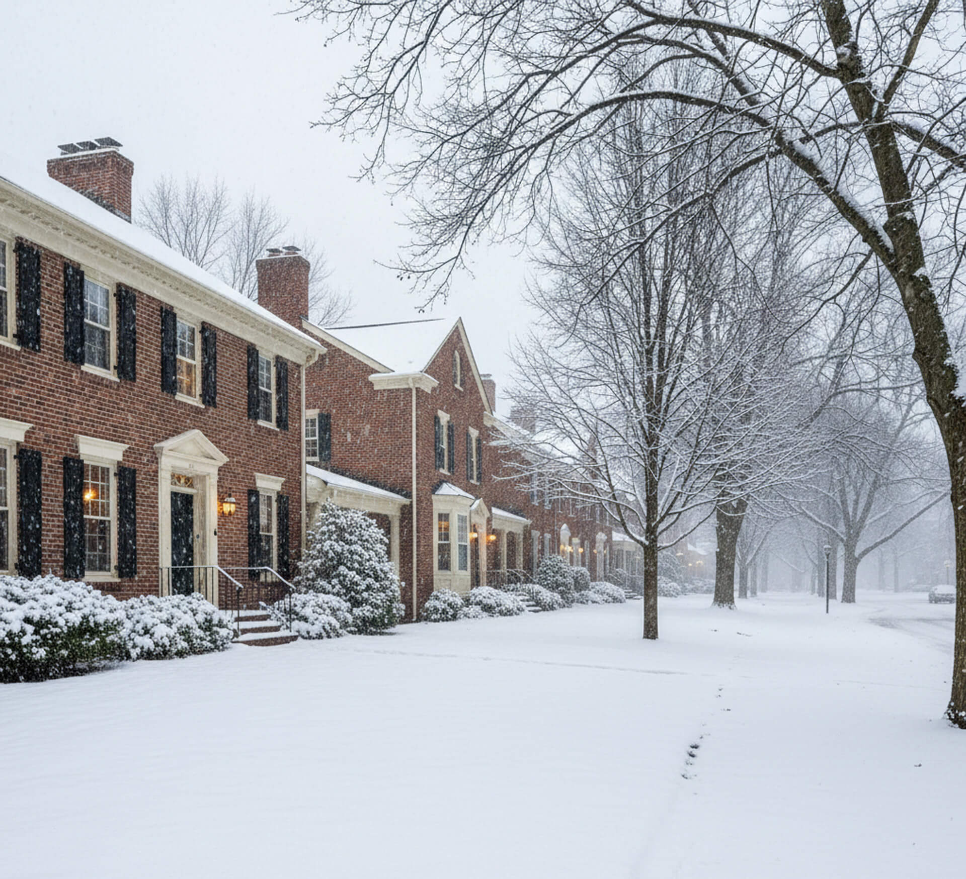 Snow-covered residential street in Newtown Square, PA, featuring brick houses and leafless trees, creating a serene winter atmosphere.