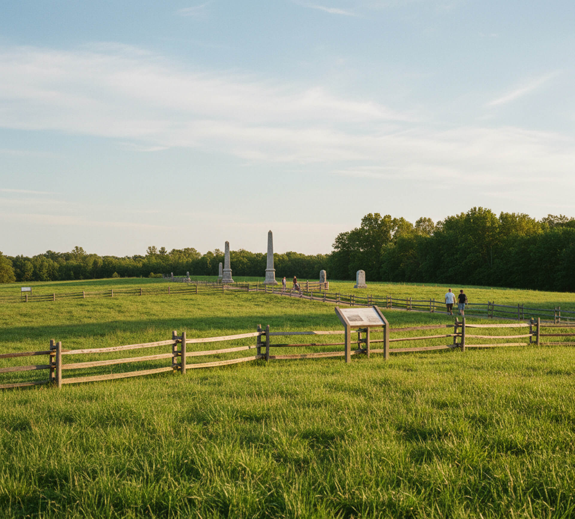 Historic cemetery with gravestones and visitors walking on grassy field, surrounded by wooden fencing and trees in the background.