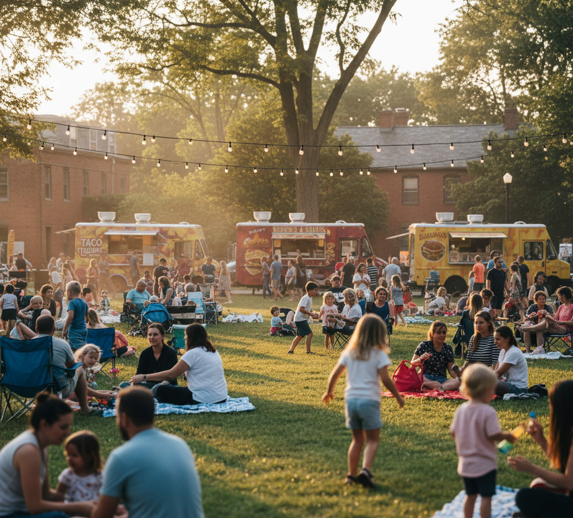 Crowd enjoying a vibrant outdoor event with food trucks, families sitting on blankets, and children playing on a grassy field, capturing a lively community atmosphere.