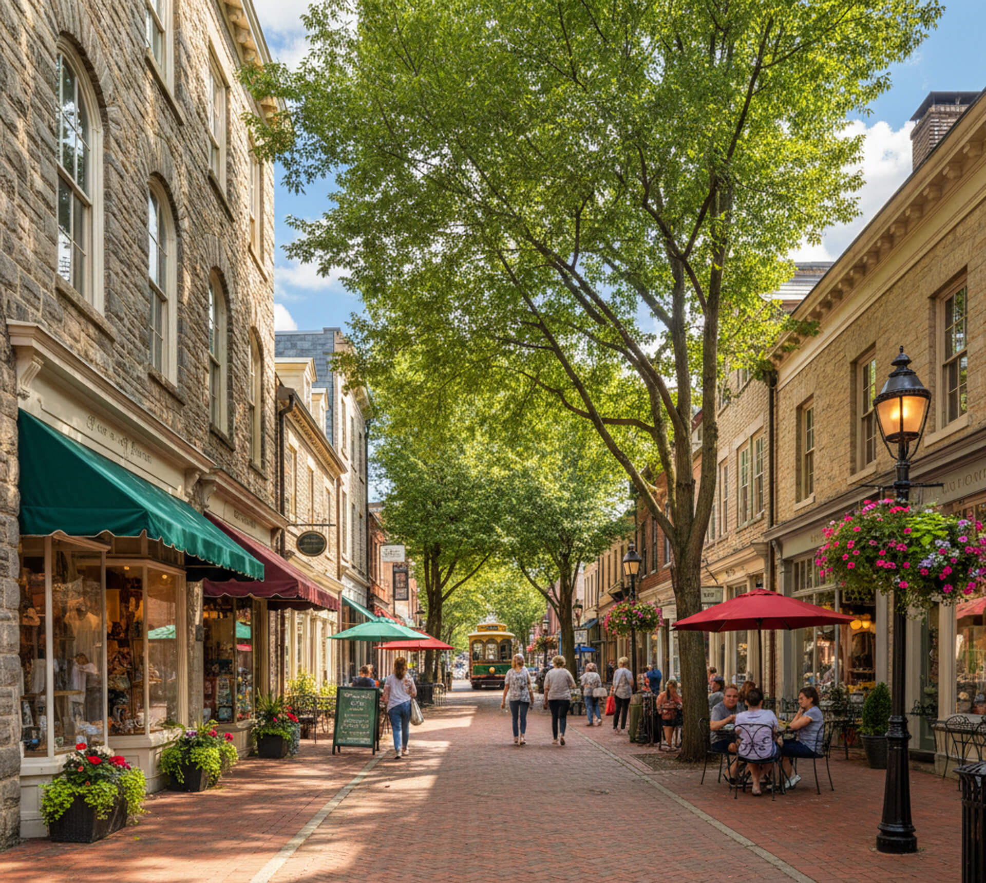 Charming street scene in West Chester, PA, featuring historic buildings, lush trees, outdoor dining, and shoppers, highlighting the inviting atmosphere of local businesses and community life.