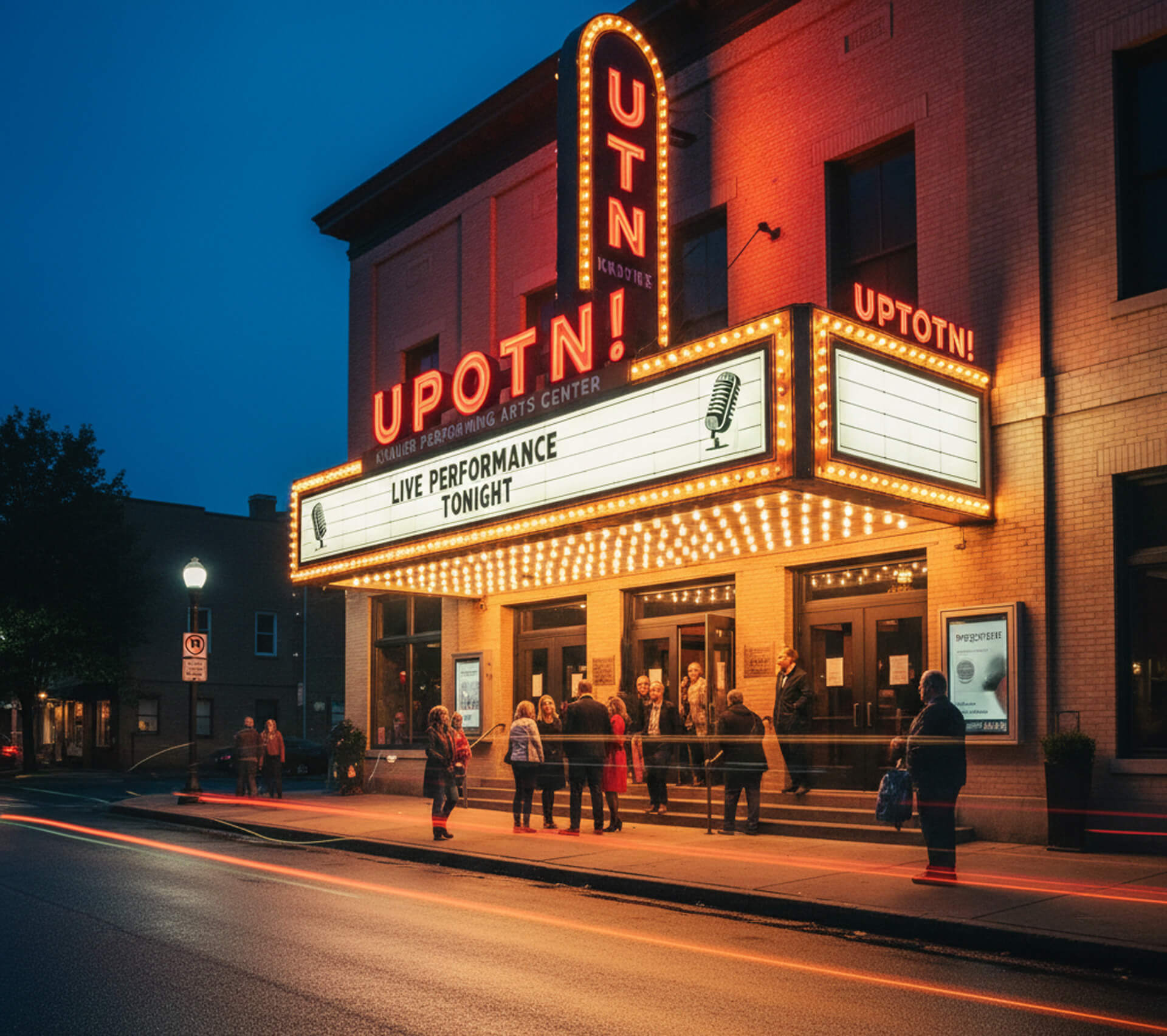 Uptown theater marquee featuring "Live Performance Tonight" and patrons gathered outside, highlighting West Chester's vibrant community and cultural events.