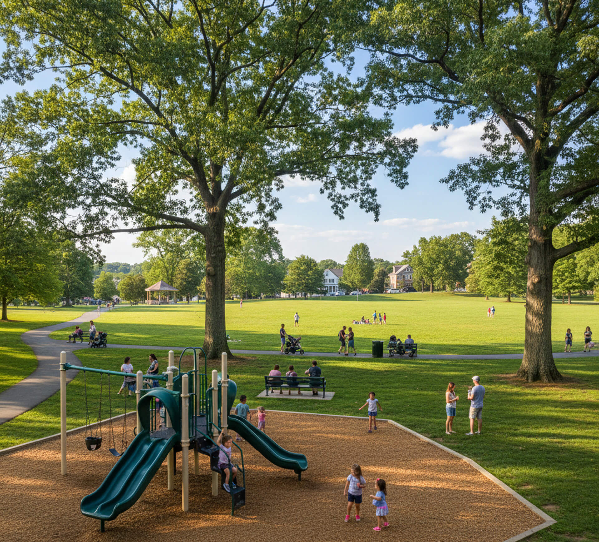 Playground with slides and swings in a park, children playing, families enjoying the outdoor space, green grass, and trees in West Chester, PA.