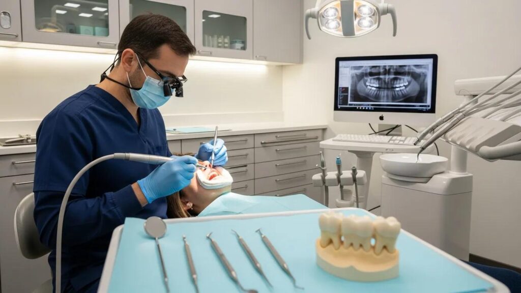 Dentist performing a dental bridge procedure to replace missing teeth in a modern clinic with digital X-ray imaging.