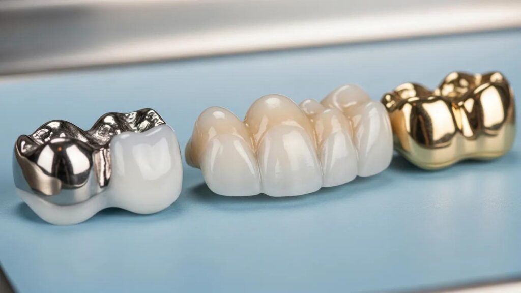 Different types of dental crowns and bridges, including ceramic, porcelain, and gold restorations for tooth repair.