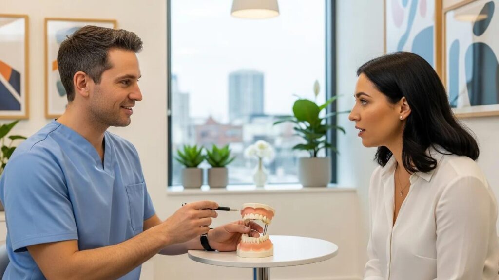 Dentist explaining treatment with a dental model to a patient during a consultation for Dental Crowns and Bridges.