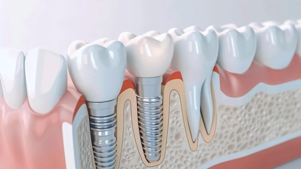 Clean 3D medical illustration of a dental implant cross-section showing the titanium post anchored in the jawbone, the abutment, and the crown on top, soft white and blue color palette, minimal labels, professional dental education style, plain light background, no text overlay.