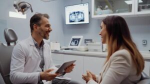A warm, natural-light photograph inside a modern dental consultation room. A dentist in a clean white coat sits across from a smiling adult patient, both looking at a digital X-ray or 3D dental scan on a tablet between them, discussing tooth replacement options. The patient looks relaxed and confident, mid-conversation. Soft, candid lighting, shallow depth of field, muted neutral tones (cream, soft blue, warm wood accents), no harsh clinical white or chrome dental tools in focus. The mood should feel premium, trustworthy, and approachable rather than cold or sterile. Horizontal orientation, suitable for a blog header, 16:9 ratio.