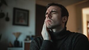 Man experiencing toothache, holding his cheek in pain.