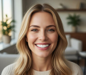 Smiling woman with long blonde hair and healthy white teeth indoors