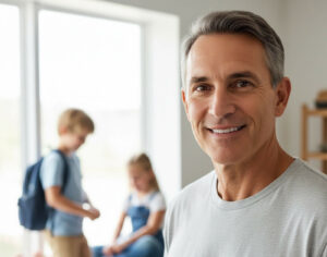 Smiling middle-aged man with gray hair in a home setting with children nearby
